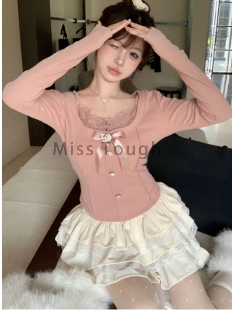 Japanese Kawaii Y2k 2 Piece Set Women Lace Sexy Elegant Retro Skirt Suit Female Autumn Winter Chic Tops + Cake Mini Skirt 2024