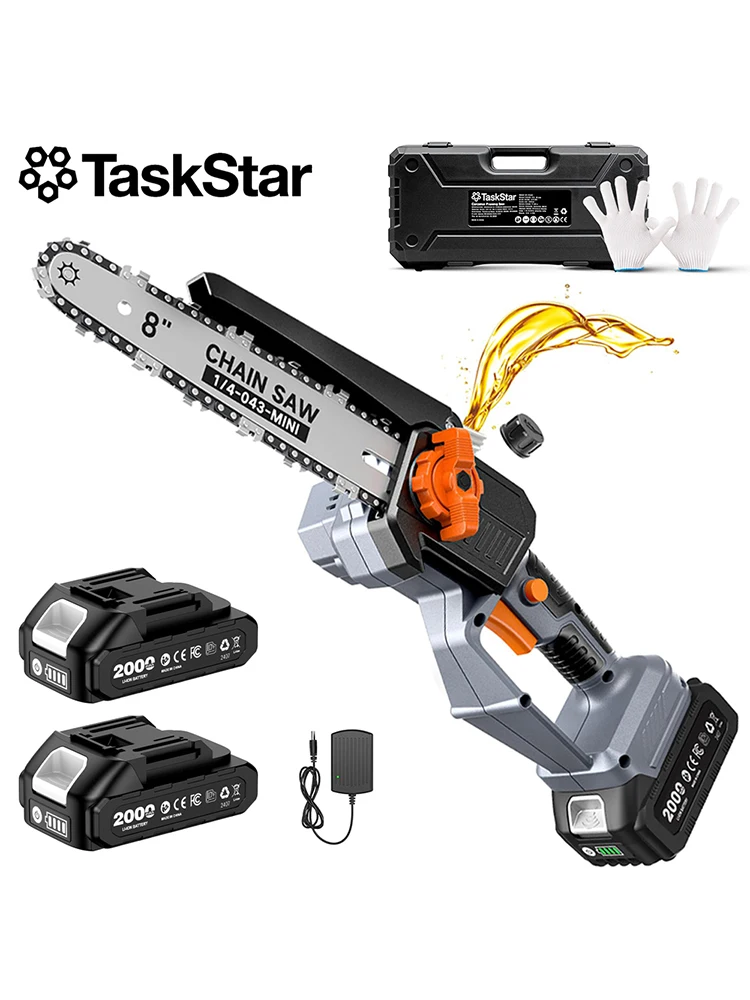 TaskStar 8-Zoll-Elektrokettensäge, 1000 W, bürstenloser Motor, kabellose Astsäge mit 2 2000 mAh-Akkus zum Baumschnitt und zum Holzschneiden