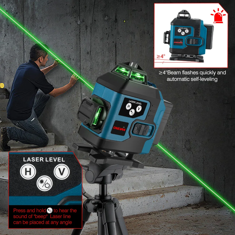 ONEVAN Cordless 16 Lines 4D Laser Level Self-Leveling 360 Horizontal And Vertical Cross Super Powerful Green Laser Level