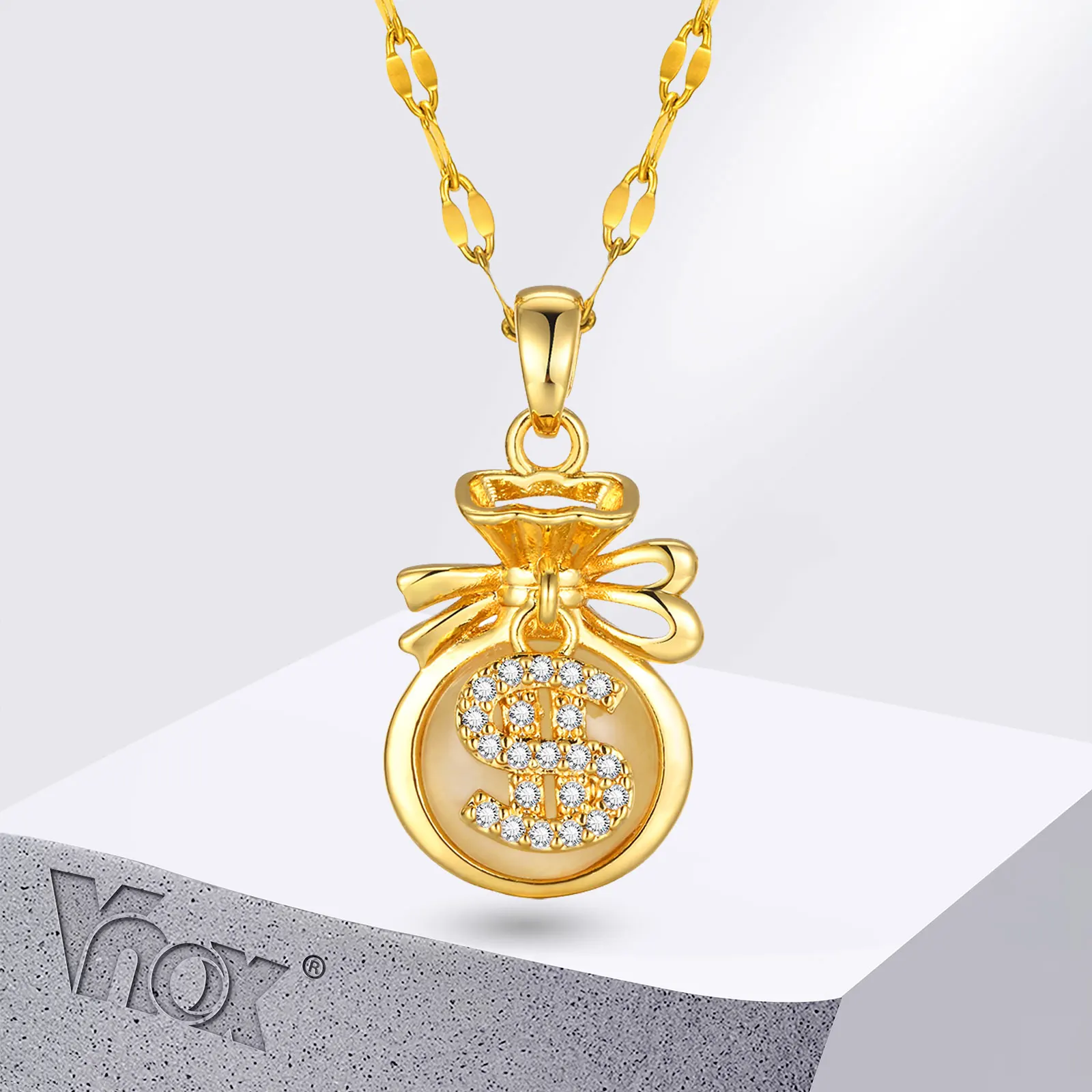 Vnox 여성용 중국 지갑, 지갑 펜던트 목걸이, 미국 달러 매력 칼라, 부 행운의 쥬얼리