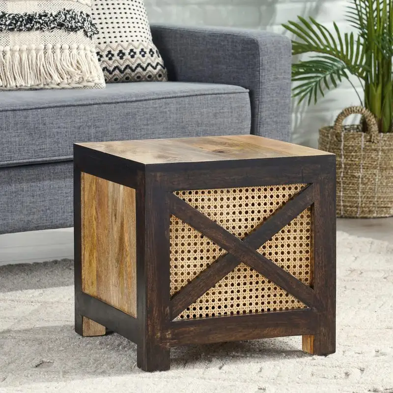 

16" Mango Wood & Woven Rattan Stool - Versatile Side Table, Ottoman, & Storage Stand