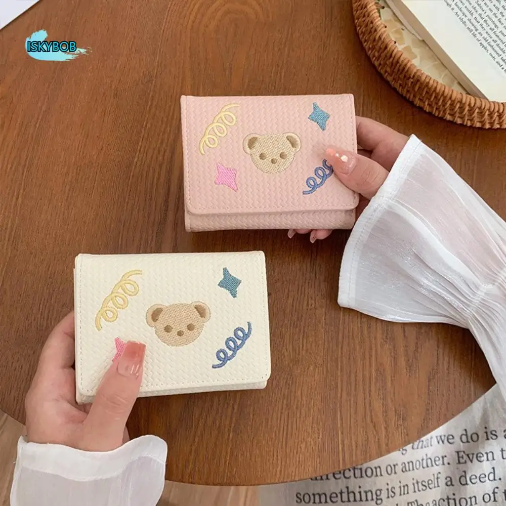 

Fashion Cartoon Women Short Wallet Bear Embroidery Three Fold Wallet Card Bag Card Holder PU Leather Coin Purse Women