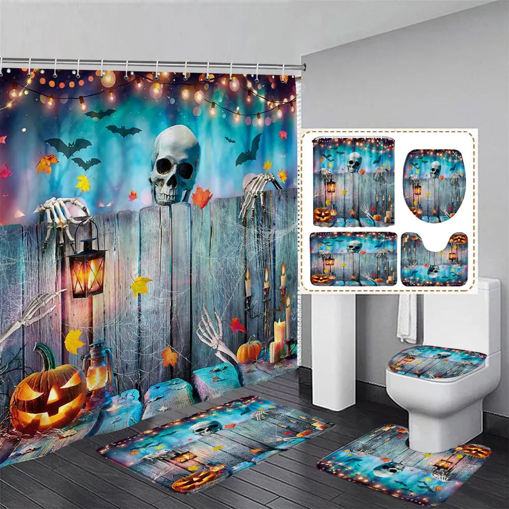 Scary Halloween Shower Curtain Rug Set Black Cat Pumpkin Shower Curtain Witch Purple Bat Spider Shower Curtains Bathroom Decor