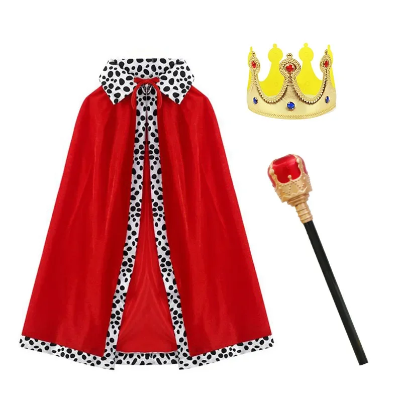 Boys King Cosplay Costume Red Cloak for Adult Kids Prince Robe Crown Velvet Cape Children Birthday Halloween Party Accessories