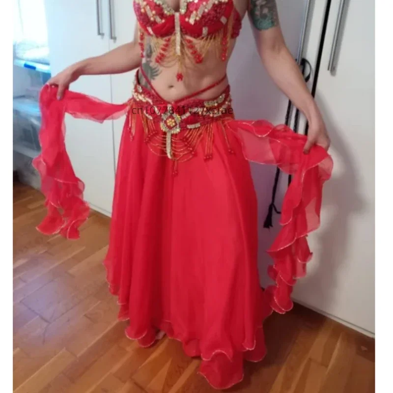Belly Dance Skirt, Chiffon Rolled Leaf Double Slit, Belly Dance Gauze Skirt for Female Performance Practice, Without Belt