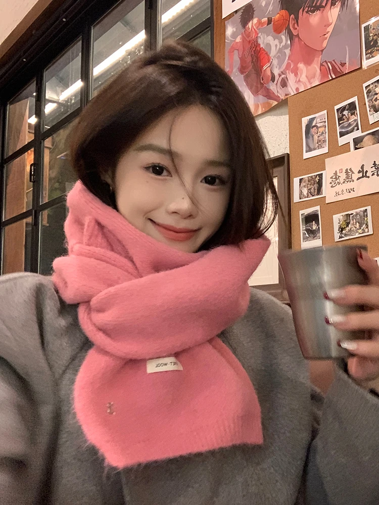 

Мягкий уютный корейский розовый вязаный шарф, женский универсальный теплый шарф для студентов, зима, весна, осень ex