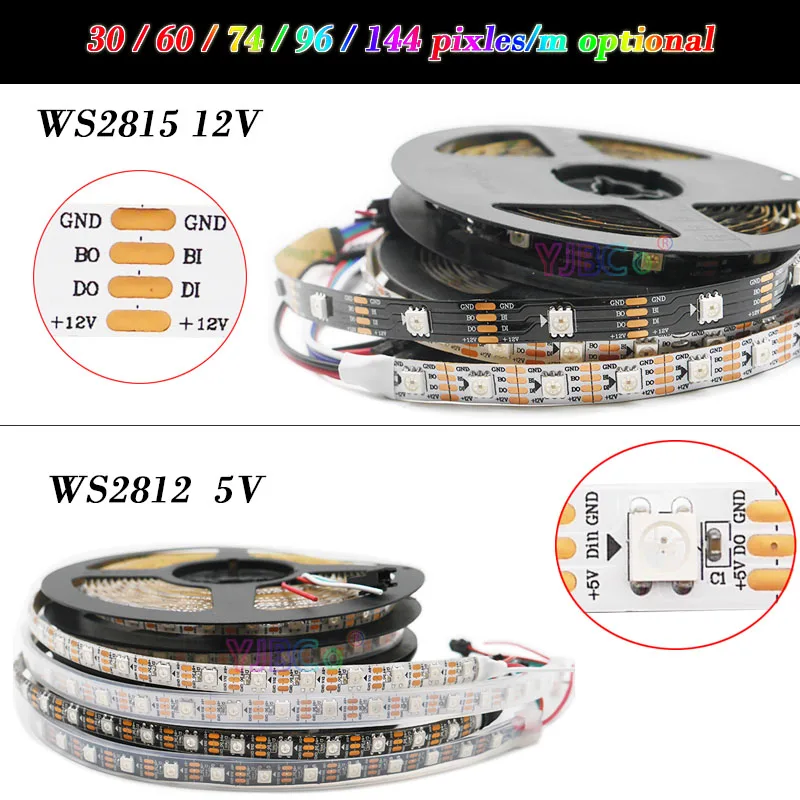 Tira de luces LED direccionable IP30/5050, 1-5m, WS2815, WS2812B, WS2812, 96/144 píxeles RGB, 30/60/74/65/67 LED/M