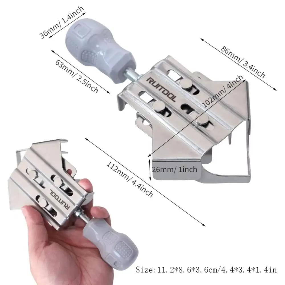Zacisk kątowy wielofunkcyjny z pojedynczym uchwytem, 90 stopni, narzędzie do obróbki drewna, ze stali nierdzewnej, zamknięty, do oprawiania zdjęć.