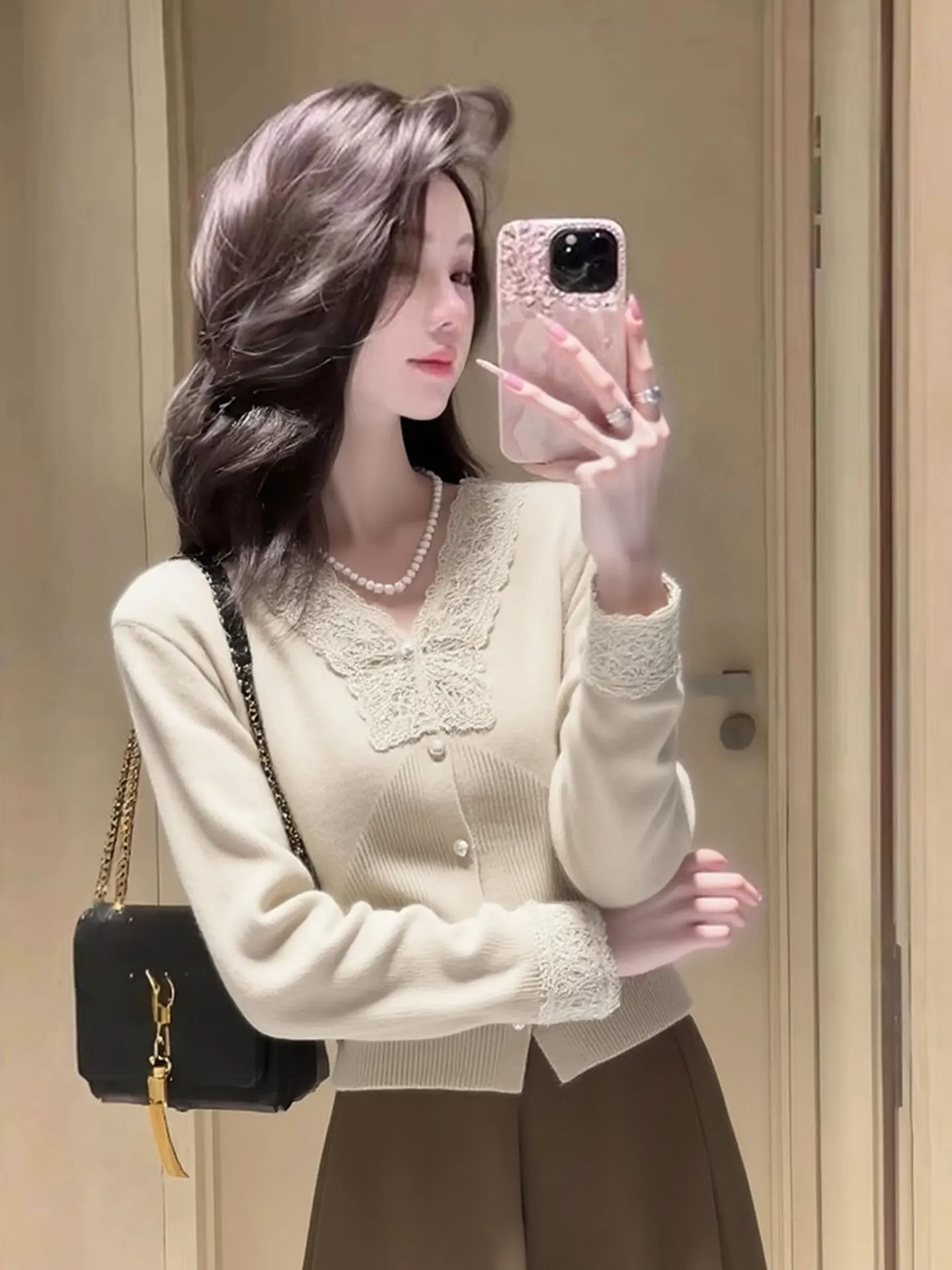 

Ele Lace Splice V-Ne Long Sve Knitted irt Soft Versatile Spring Faionable Women's Top Commute Regular Fit Knitwear