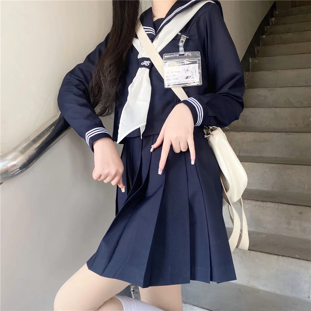 Donkerblauwe Drie Orthodoxe Jk Schooluniform Meisjes S-XXL College Stijl Matroos Lente Zomer Pak Vrouwen Shirt Geplooide Rok