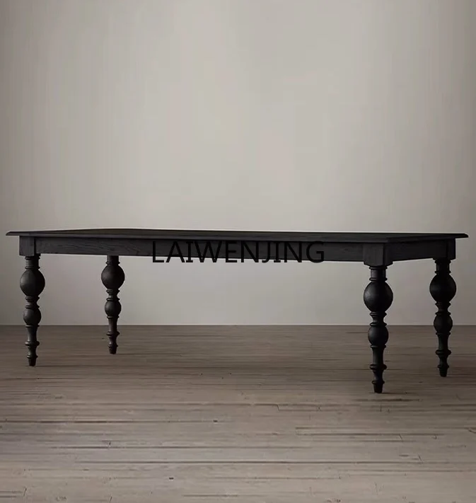 MJY French solid wood dining table black long strip large board guest American log long table
