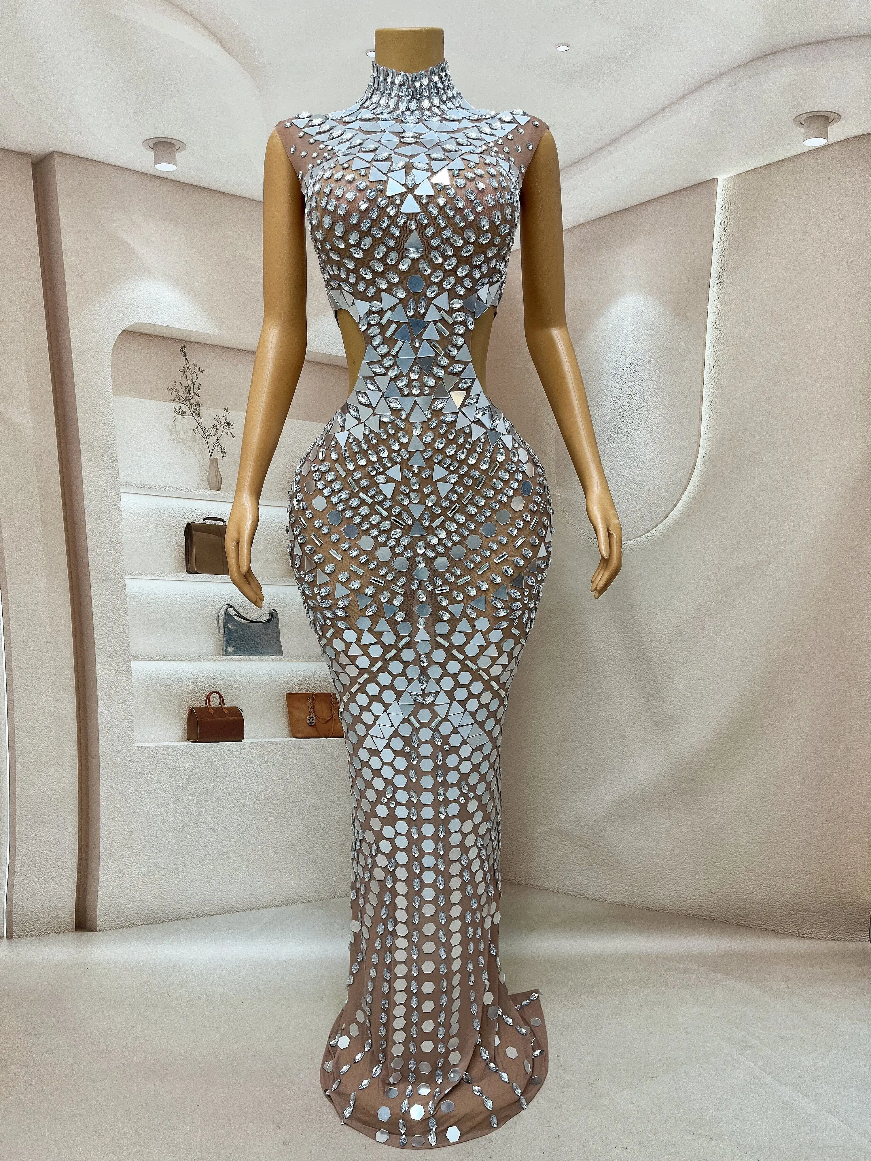 Silver Mirrors Rhinestones Hollow Waist Dress Sexy Transparent Outfit Dance Stage Show Nightclub Costume Party Wear loukongxing