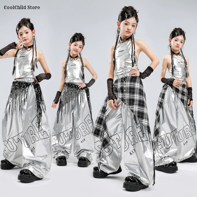 Hip Hop Girls Shiny Crop Top Silver Skirt Street Dance Pants Kids K-pop Streetwear Costume Children Jazz Girl Group Clothes Sets