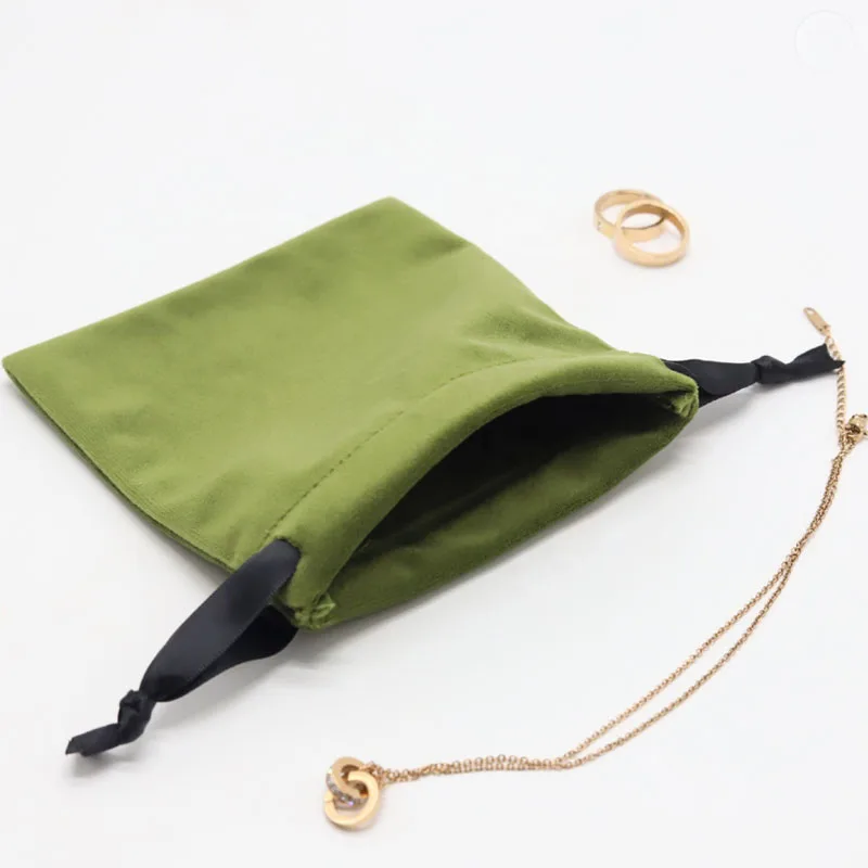 Green Velvet Gift Bags Custom Jewelry Logo Dust Sack 7x9cm 9x12cm 10x15cm Cosmetics Makeup Drawstring Pouch