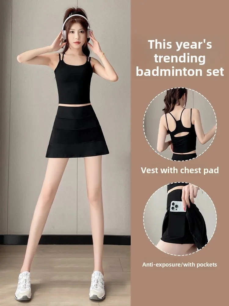 

Women's Badminton Sports Wear Set Qui Dry Gym Fitn Yoga orts Running Tank Top Summer New Sle High Sensation ort Skirt
