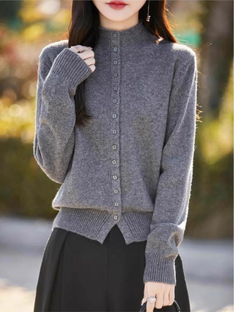 

Women's Knitted f-High Collar Button-Up Cardigan Warm Base Layer Inner Wear Sli Design Spring Faion Long Sve Sweater