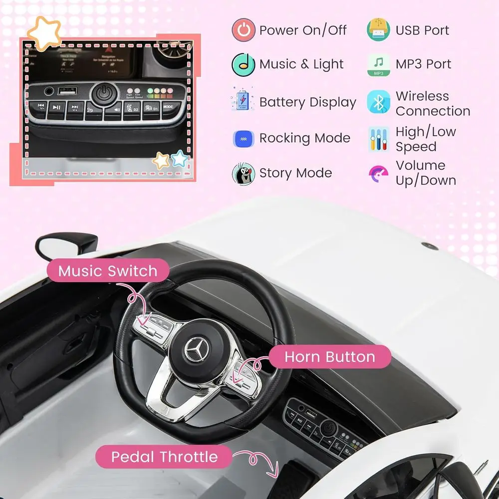 Samochodzik na akumulator, 12V Licencjonowany Mercedes-Benz dla dzieci, pojazd elektryczny z pilotem dla rodziców, funkcja huśtania, muzyka i klakson, biały