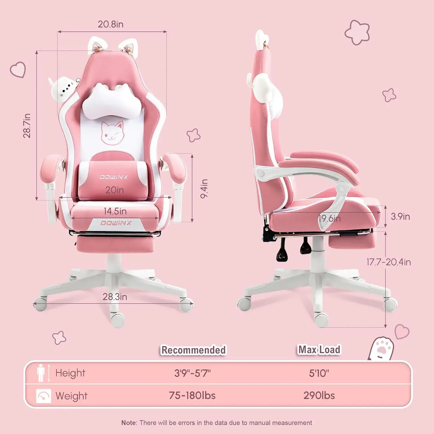 Dowinx Gaming Chair Cute with Cat Ears and Massage Lumbar Support, Ergonomic Computer Chair for Girl with Footrest and Headrest,