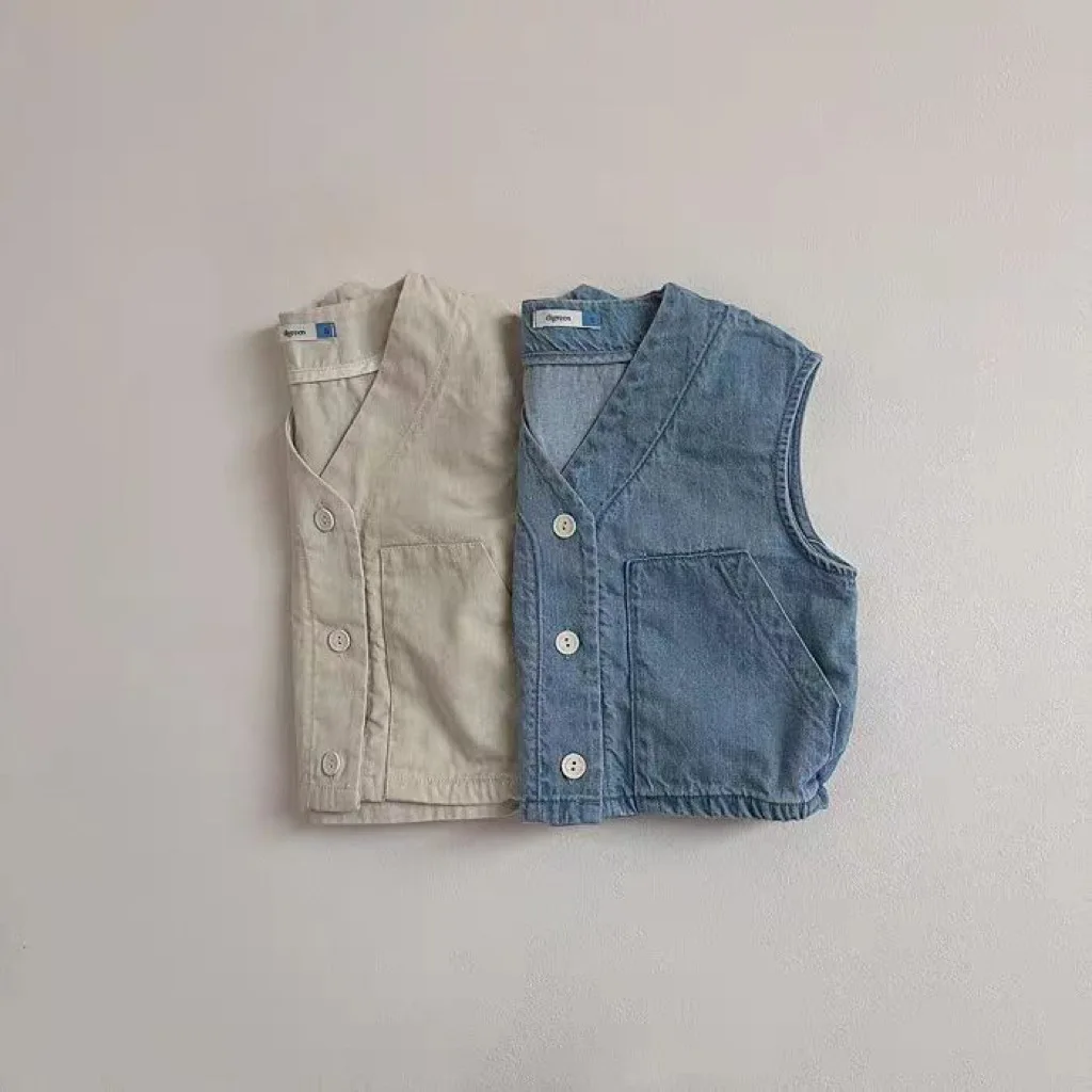 2025 Spring New Baby Sleeveless Denim Vest Jacket Solid Infant Girl Cotton V-neck Vest Toddler Boy Fashion Casual Cardigan Coat