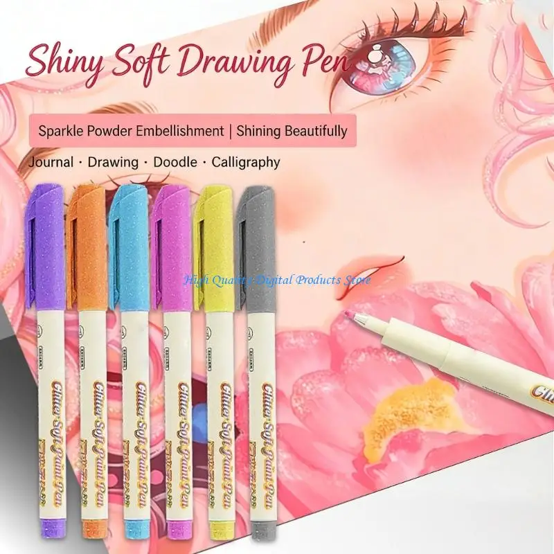 

U2JE 6Pcs Glittering Watercolor Brush Marker 1mm Fine Tip Fluorescent Drawing Pen For