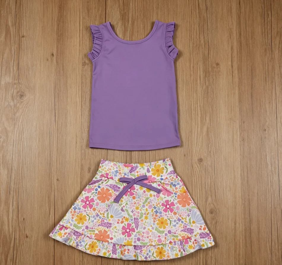 Wholesale Toddler Purple Shirt Flower Ruffle Skirt Shorts Kids Skort Set Athletic Clothes Baby Girl Yoga Active Summer Clothing