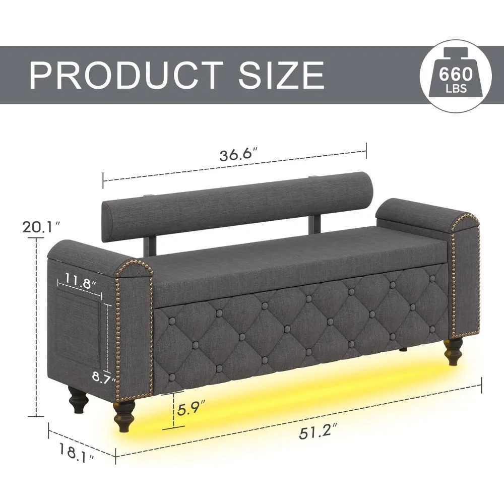 51인치 수납형 오토만, 등받이가 있는 수납형 오토만 벤치, 곡선형 팔걸이가 있는 터프티드 현관 벤치