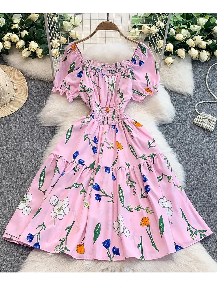 Minivestido Floral con cuello cuadrado para mujer, vestido plisado de manga corta con presión de viento para vacaciones, dulce vestido de princesa ceñido A516