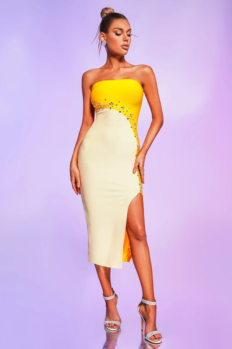 

Factory Wholesale Women's Fashion Color Matching Diamond Strapless Sexy Boutique Celebrity Cocktail Party Bandage Dress