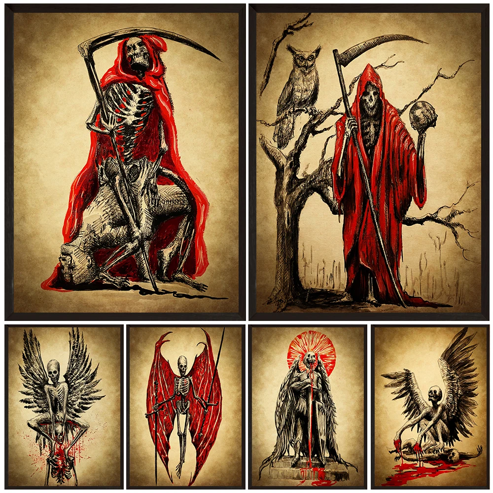 The Red-Robed Grim Reaper And The Killing Demon,Vintage Wall Art Canvas Painting,Executioner And Death Swordsman Art Print Decor