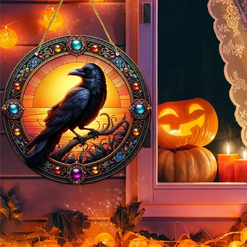 Black Crow Window Hanging Suncatcher,Translucent Round Acrylic Sign, Wreath Center,Porch Garden Home Courtyard Office Decoration