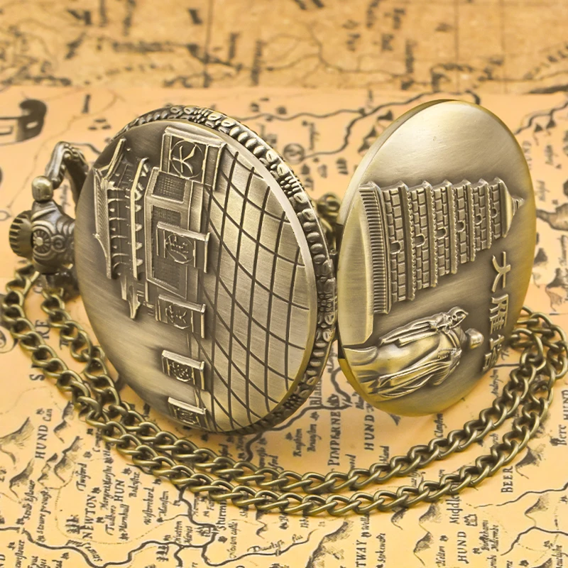 빈티지 청동 쿼츠 포켓 시계, 중국 스타일, Xi 'An, 중국 유명한 명승지, 큰 야생 거위 탑 목걸이, 선물 컬렉션