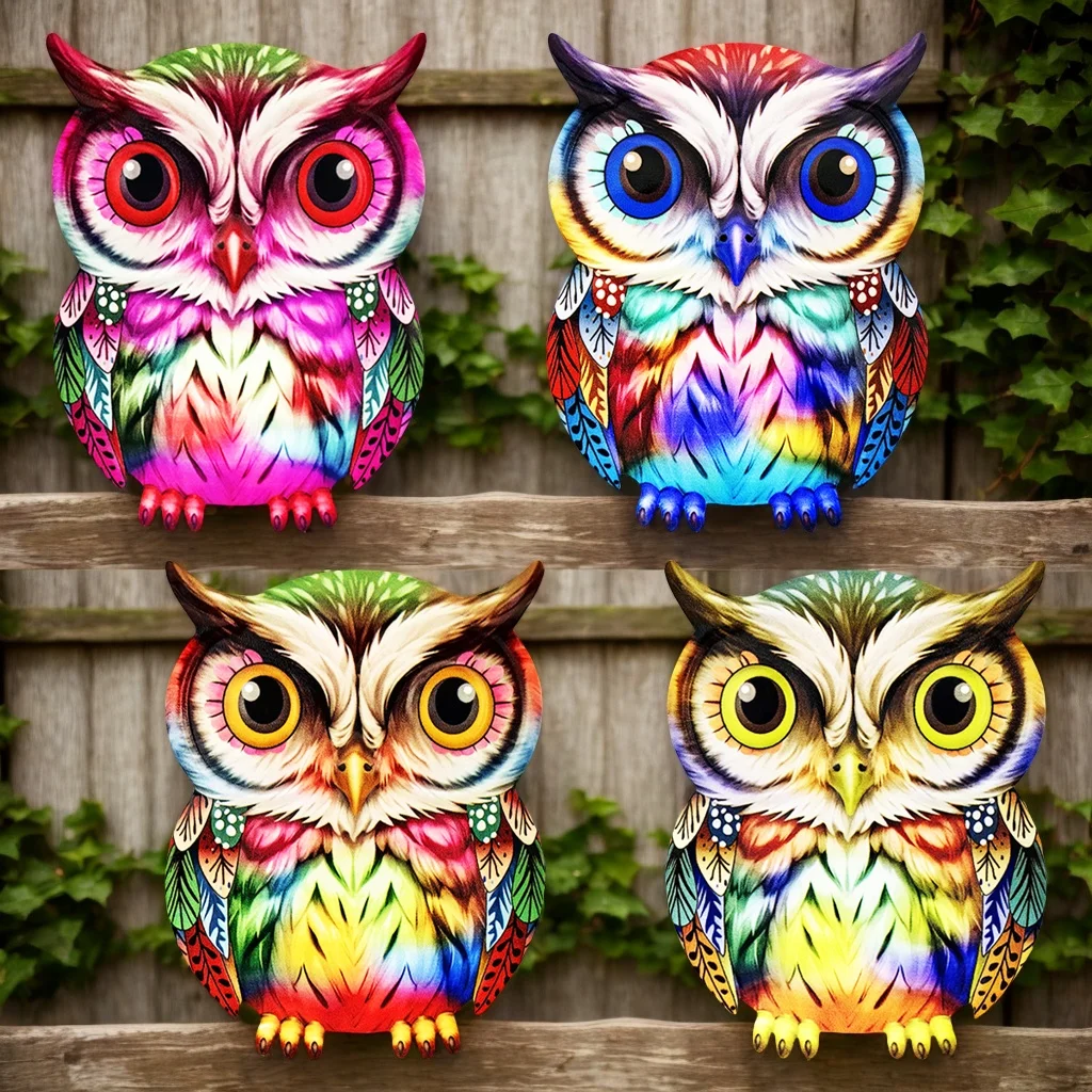 Eye-catching Metal Art Owl Wall Decor Colorful Iron Art Owl Sculptures Owl Hanging Ornament for Outdoor Home Yard Garden Fence
