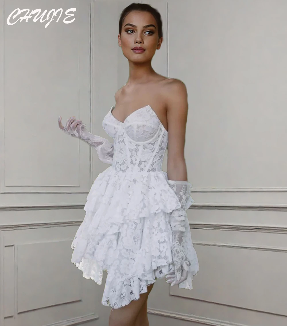 

Full Lace Short Strapless Wedding Dresses Charming Mini White Customized Rode De Morrie Bride Dress Vestido de novia Plus Size