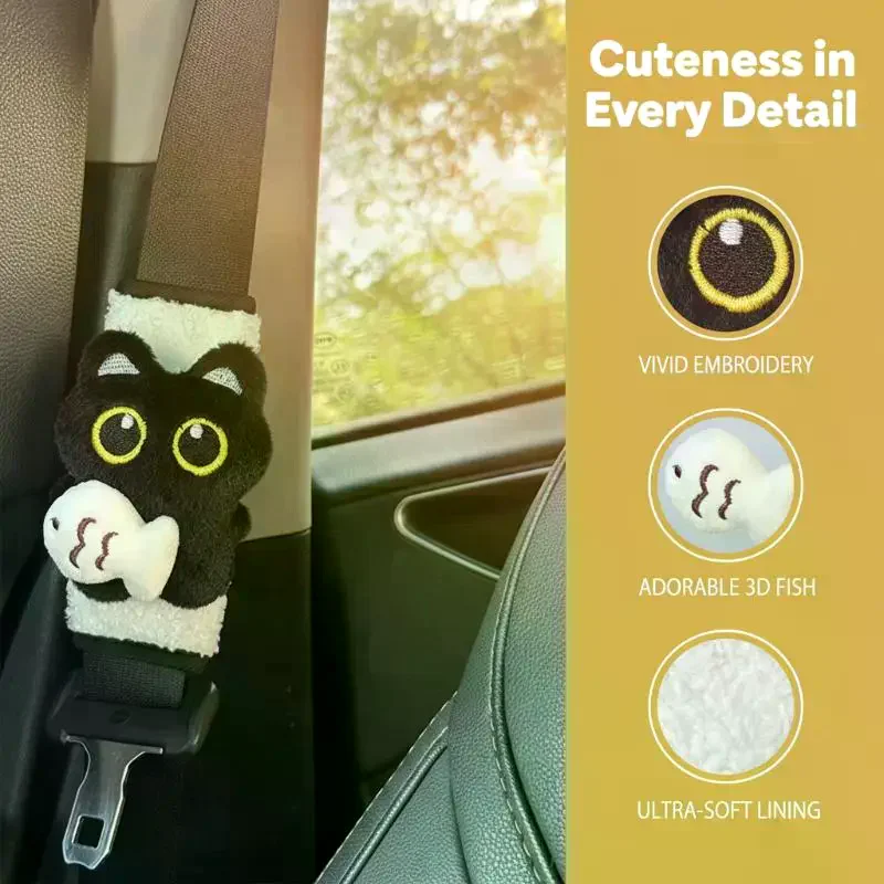 Car Shoulder Pad Cover 1PCS Black Cat & Fish Print Elegant Wear-Resistant Seatbelt Protector for Car Driver Passenger