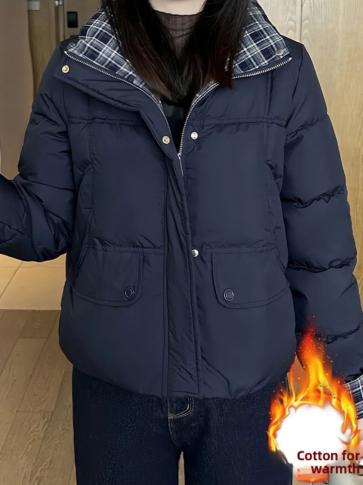 Women's Plaid Splicing Thiened Fce Lined ort Cotton Jaet Winter Warm Sli Commute Korean Sle Loose Fit Coat