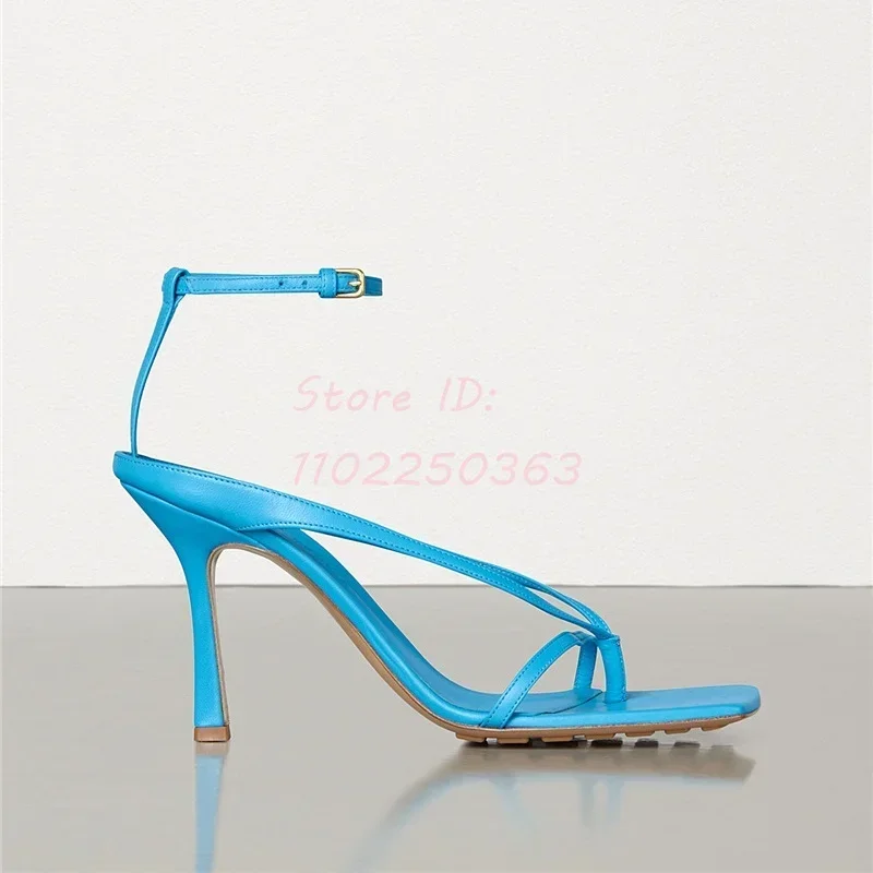Blue Flip-Flops Thin High Heel Sandals Solid Square Open Toe Back Buckle Strap Stilettos Sandals Fashion Lady Shoes 2024 Pumps image 3