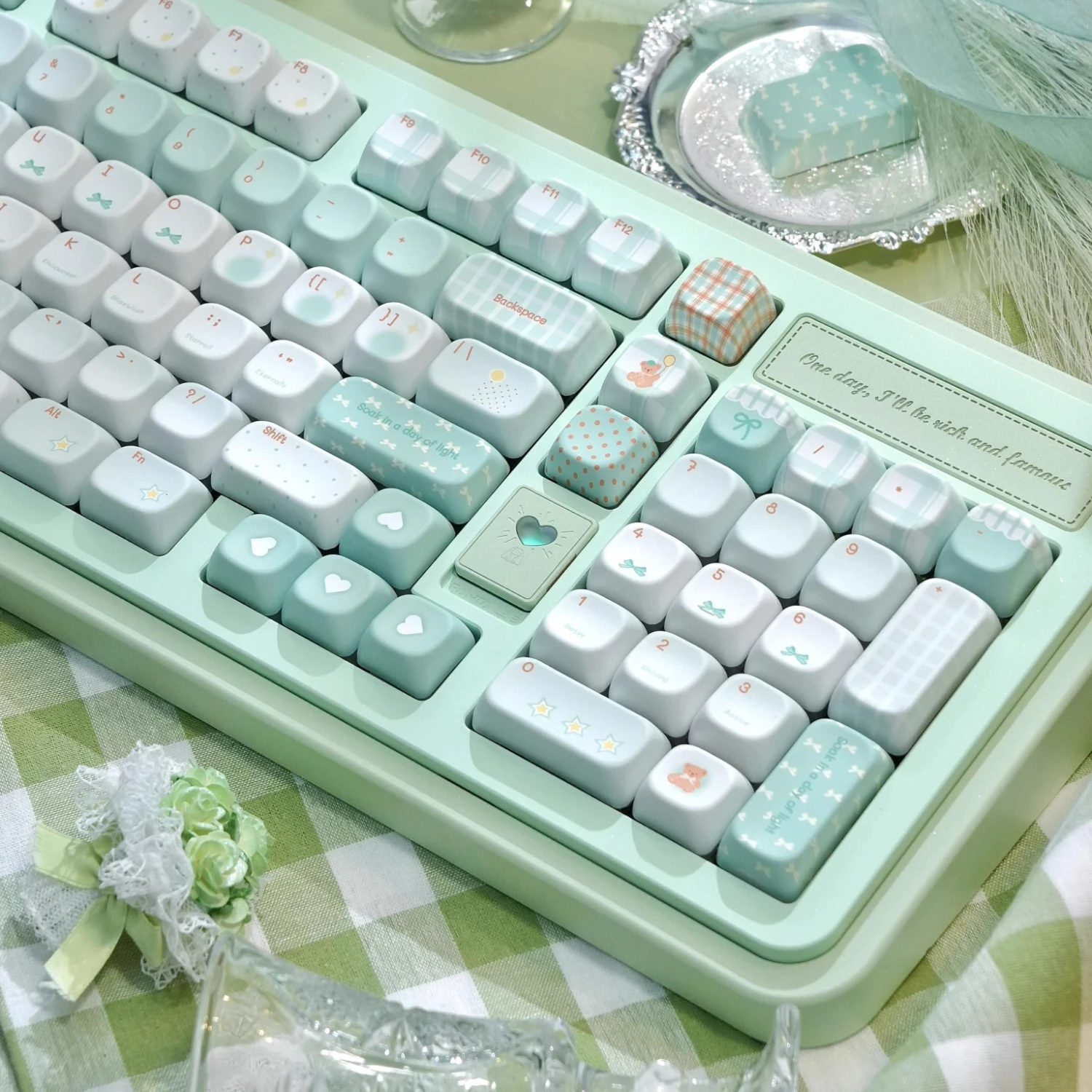MAIMOOO Sea Salt Mint Keycaps 147 Keys FOA Profile Fresh White Green PBT Custom Keycap Set Round Cute Bear Bowknot Keyboard Caps