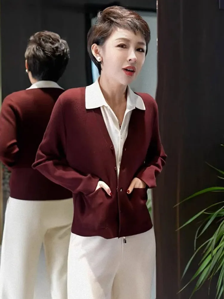 Ele Pure Color Knitted Open Cardigan Long Sve Casual Faionable Winter New Sle Age-Reversing Outerwear Women's Top