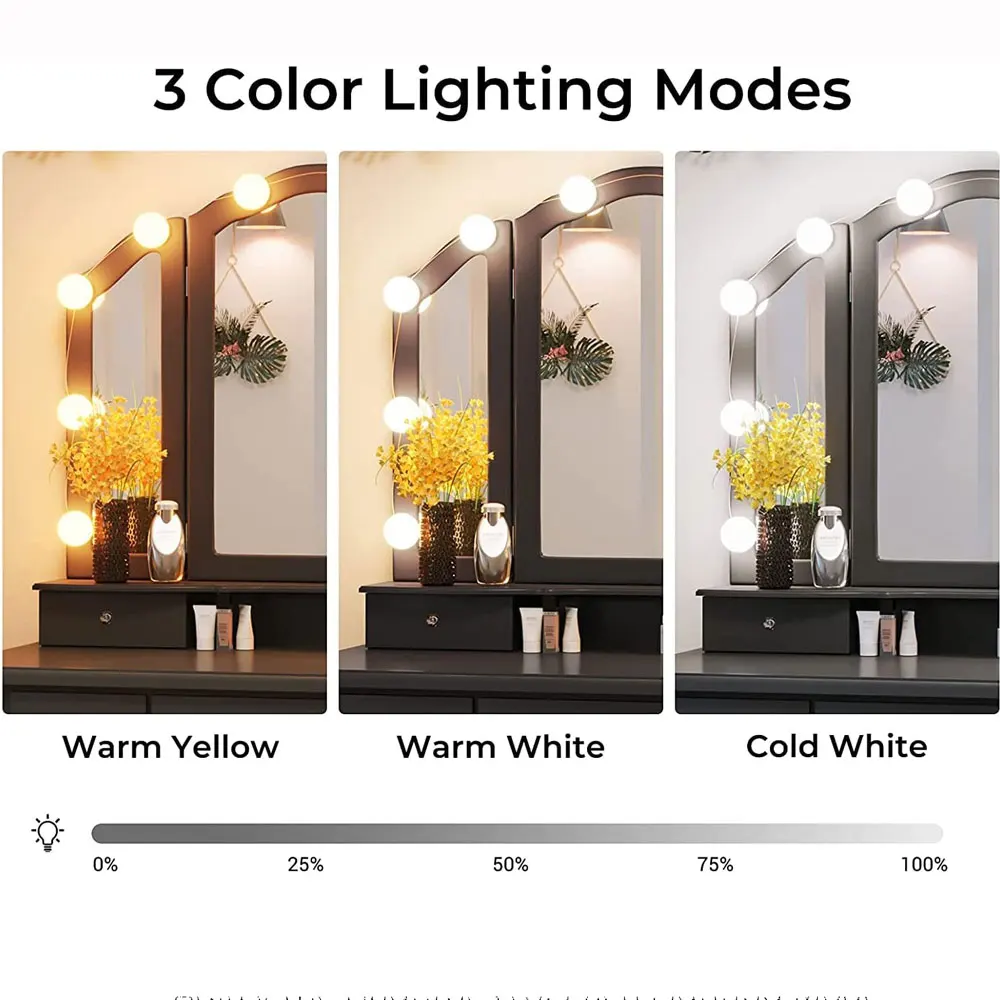 Hollywood Makeup Vanity Mirror Light Stick On Professional Adjustable 3 Colors LED USB Bulbs String Stepless Dimmable Lamp