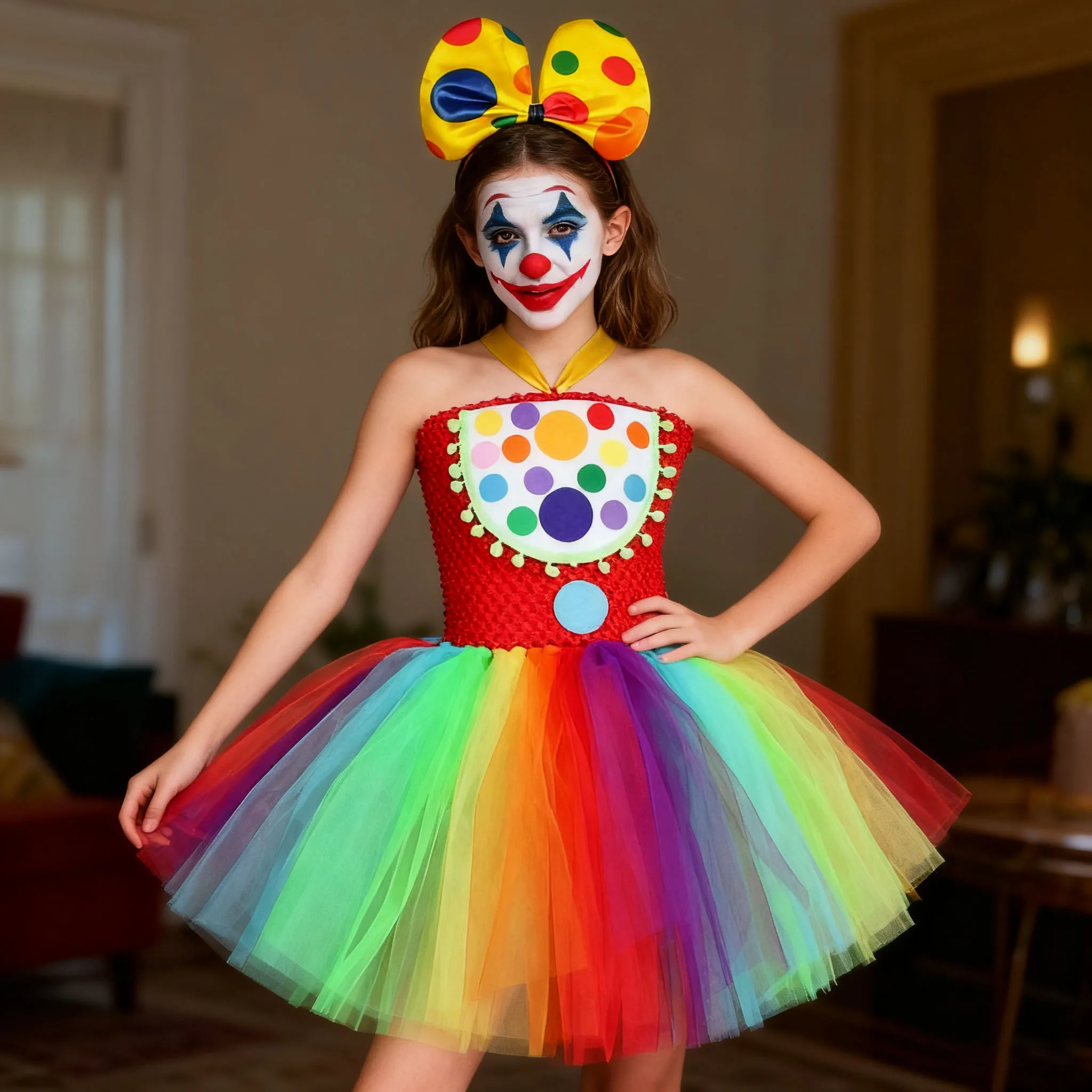 

Радужные костюмы на Хэллоуин для девочек, красочное цирковое платье клоуна для детей, рождественский наряд, детская праздничная одежда Джокера с носом