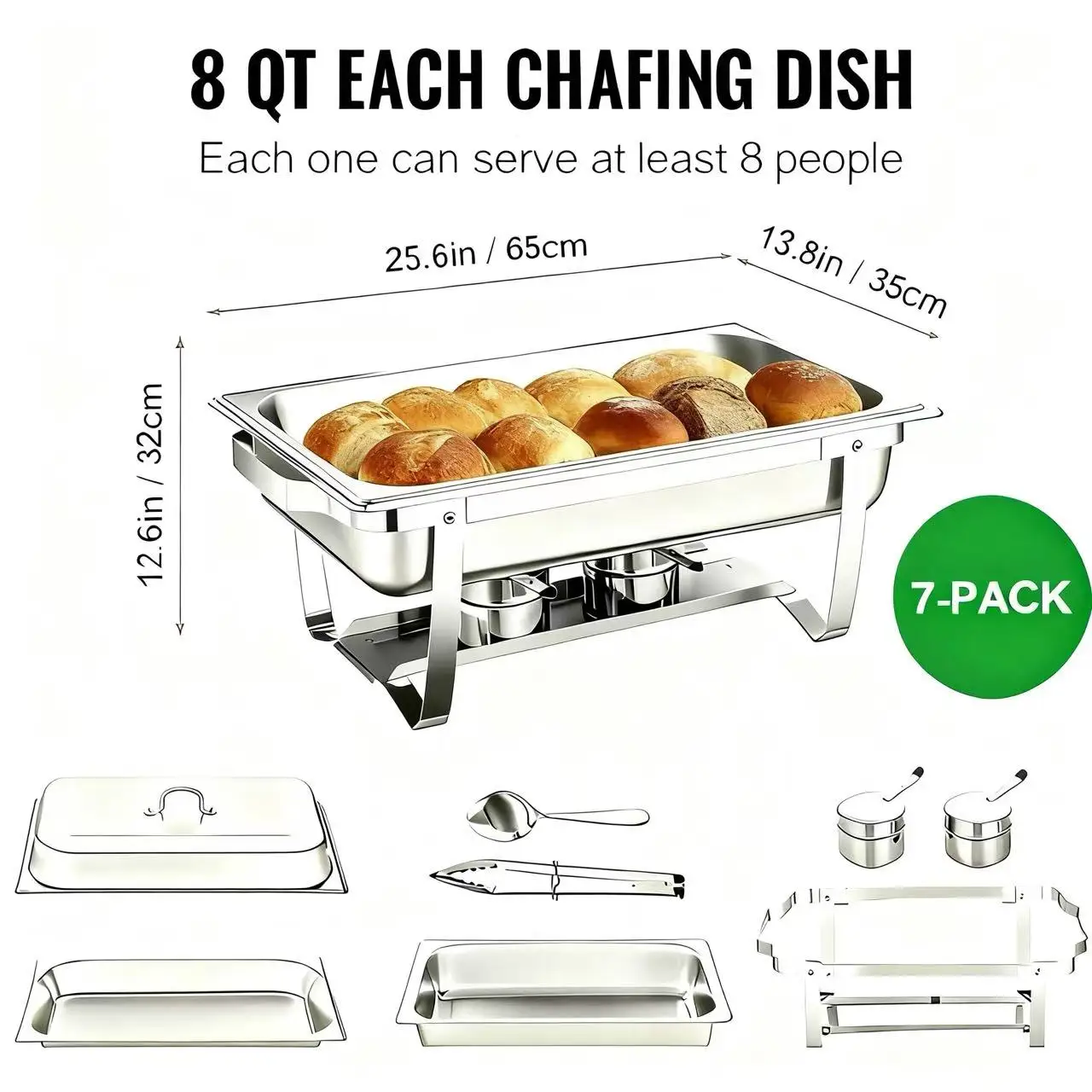 Chafing Dish Buffet Set, 8 Qt 6 Pack, Stainless Chafer with 6 Full Size Pans, Rectangle Catering Warmer Server with Lid