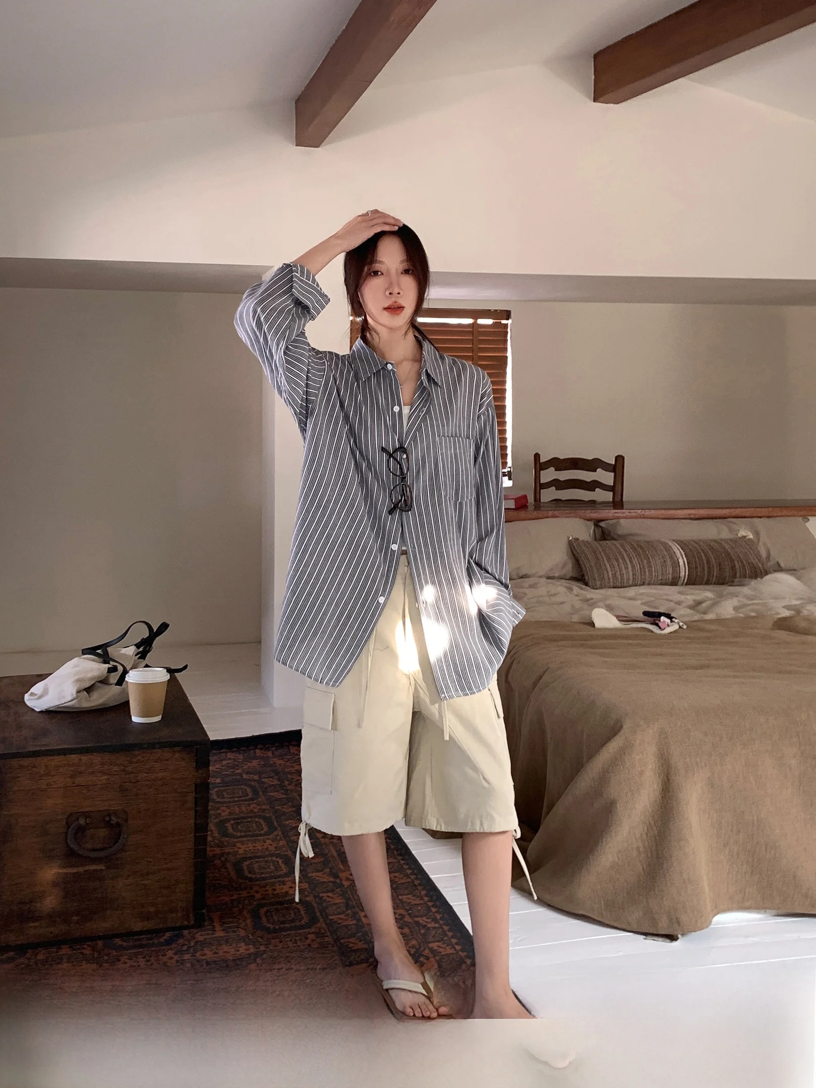 

Sun Protection Long Sleeve Women's Shirt Casual Loose Fit Cotton Blend Beachwear Striped Physical Sunscreen Thin Outerwear