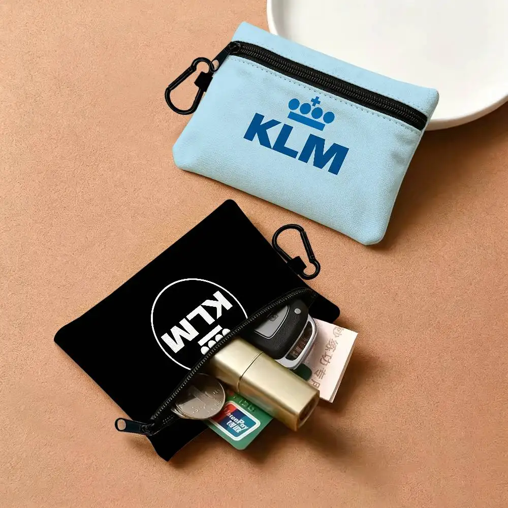 Netherlands K-Klm R-Royal Portable Oxford Cloth Coin Purse Alloy Carabiner Hook Small Zipper Pouch For Backpack Belt Daily