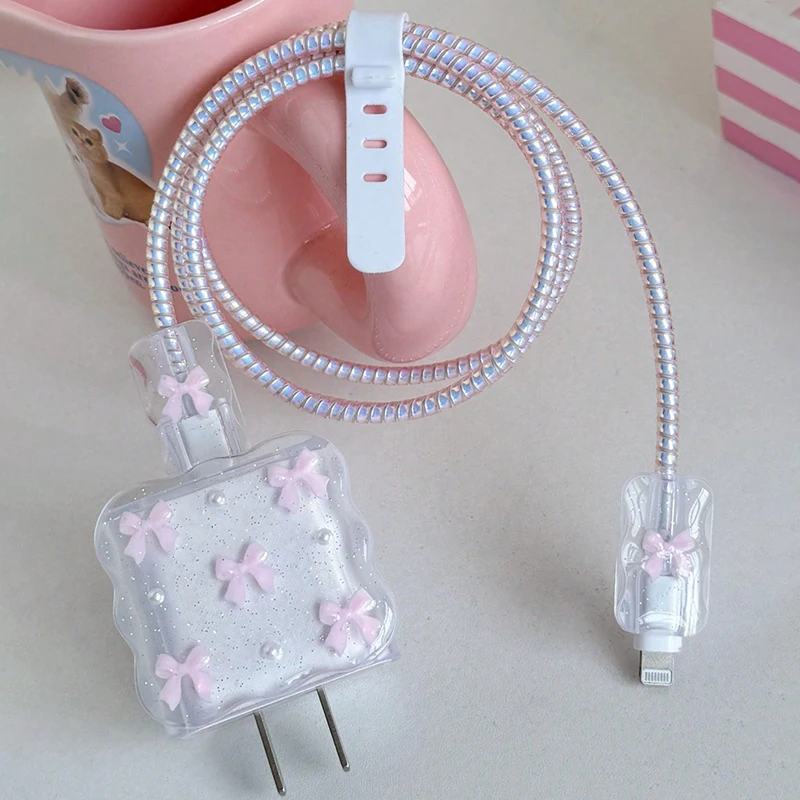Transparent Pink 3D Bowknot Cellphone Charger Protective Case Sleeve for Apple IPhone 18/20W Laser Cable Winder Wire Protectors view 5