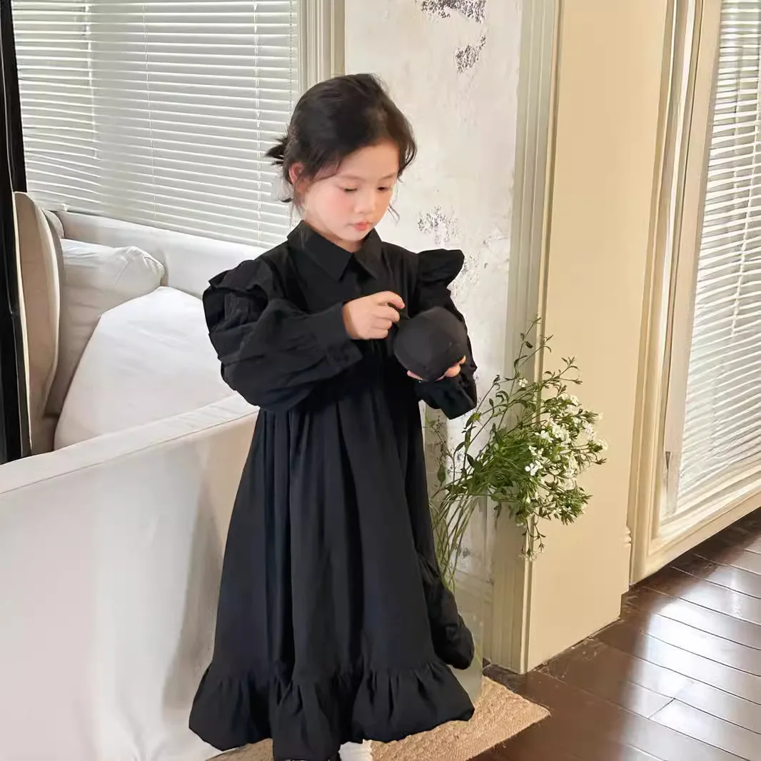 Girls Casual Dresses Children Autumn New Design Sense Easy Dress Girl Black Fashion Senior Long 2024 Simple Black