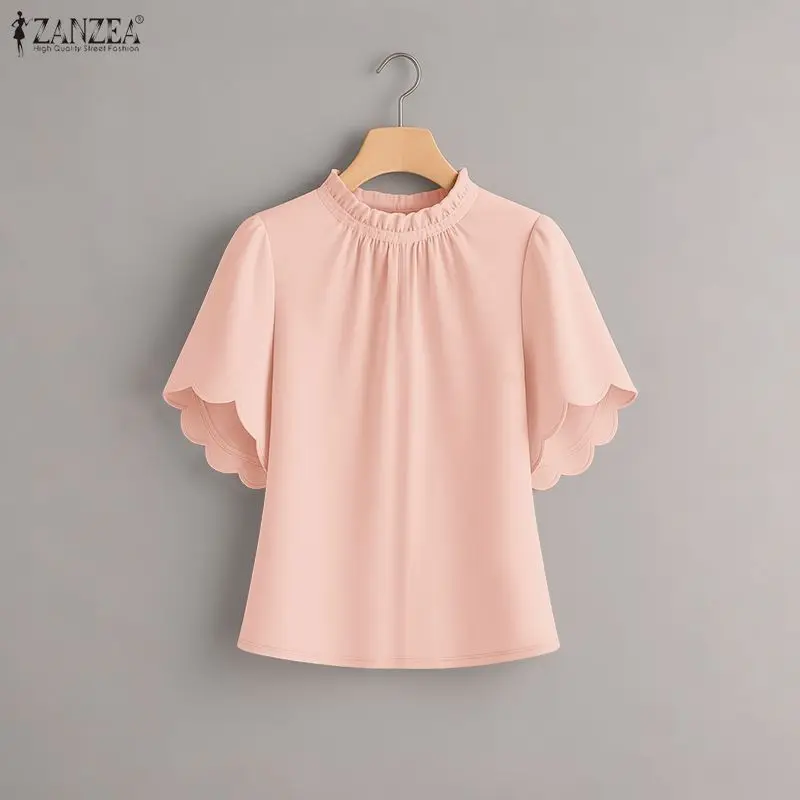 2026 ZANZEA Sommer Elegante Bluse für Damen mit kurzen Rüschenärmeln, lässige einfarbige Urlaubstunika, stilvolle Rüschen-Arbeitsoberteile