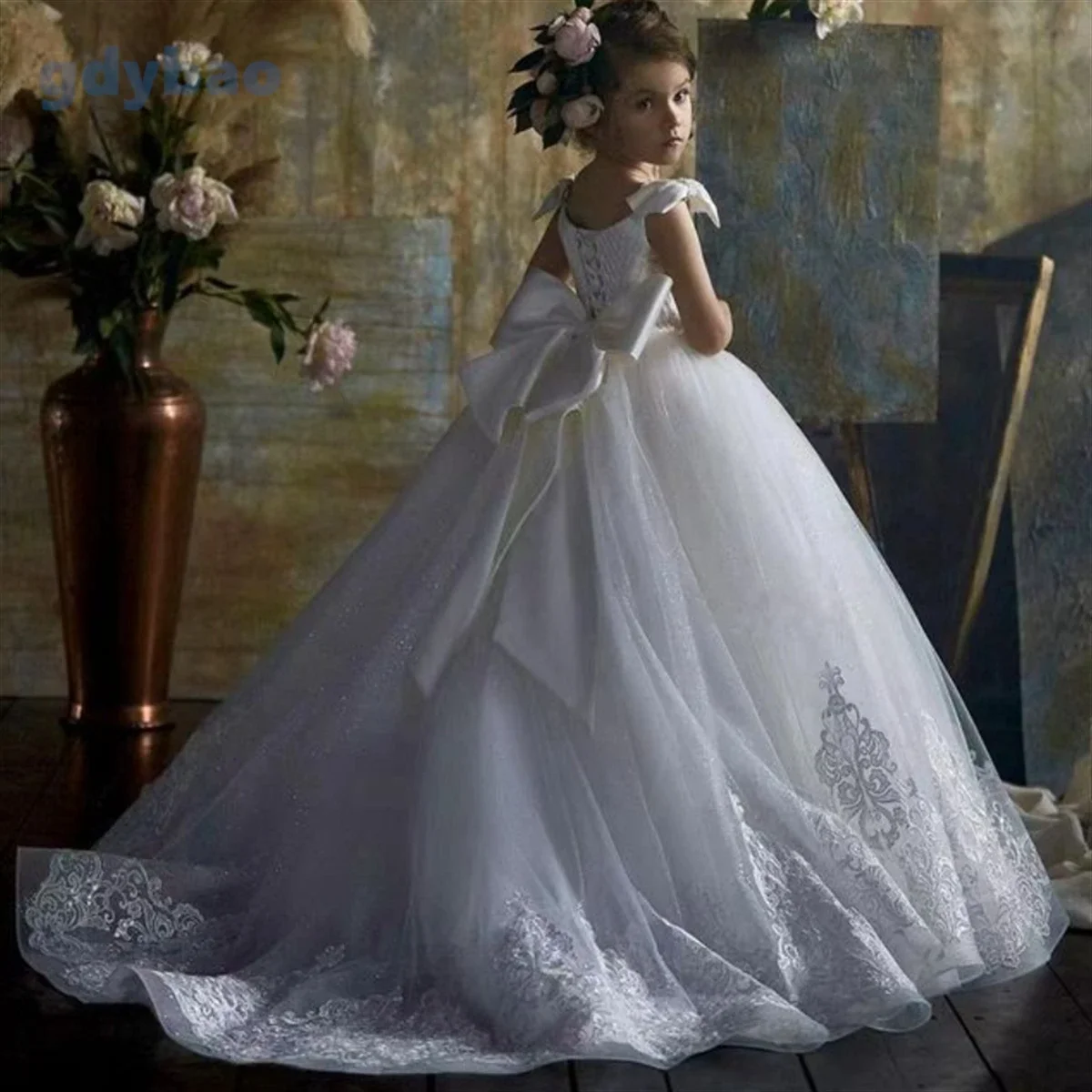 Vestido de niña de flores blanco esponjoso y brillante, Apliques de encaje, cinturón de pajarita, boda, flor elegante, vestido de cumpleaños de comunión para niños