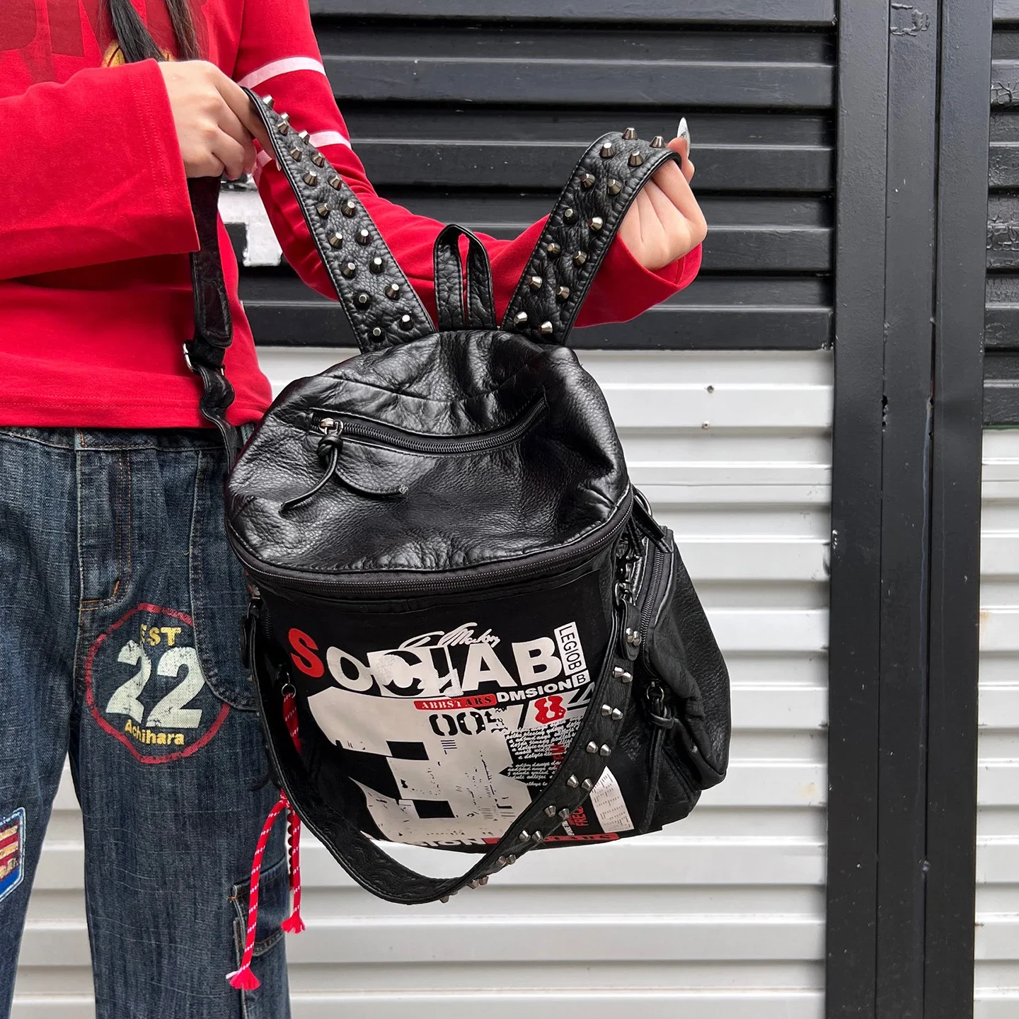 Y2K Punk Backpack High Street Retro Letter Pattern School Bag Ladies Men Women Motorcycle Style Handbag Daily Outfit Matching