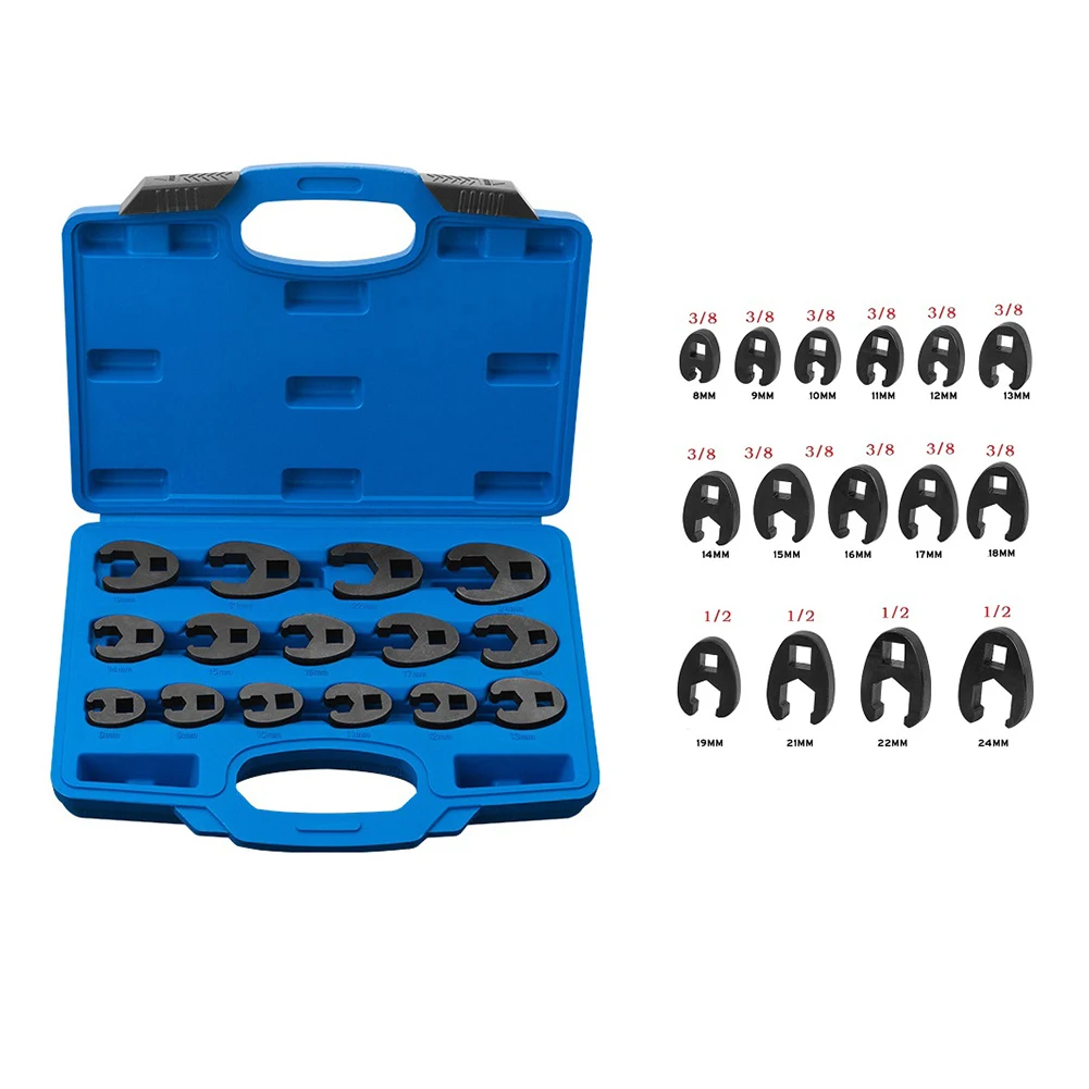 15 Piece Crowfoot Wrench Set for 3/8 and 1/2 Inch Drive Made of Chrome Molybdenum Steel for Enhanced Durability and Torque