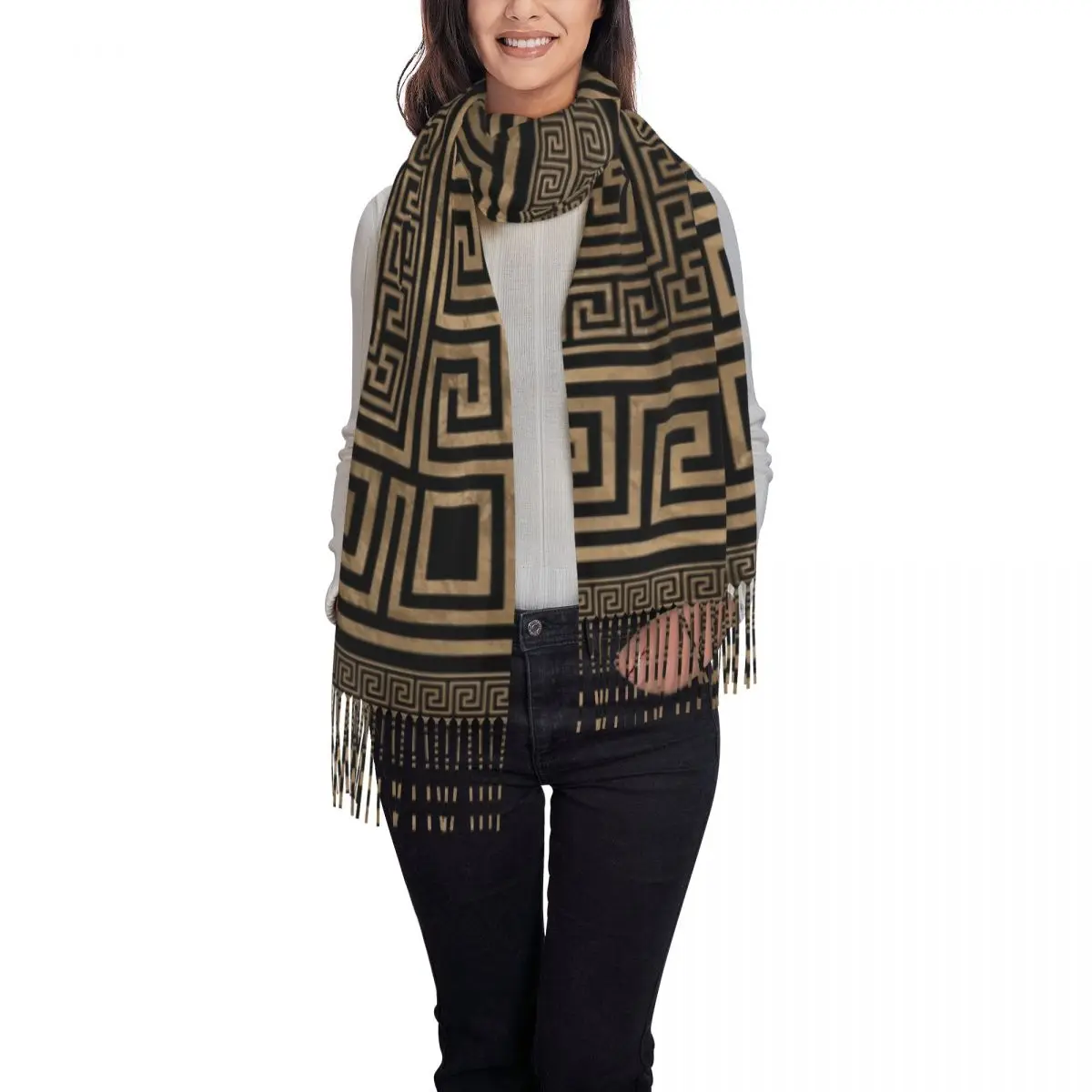 Luxury Greek Key Ornament Tassel Scarf Women Winter Fall Warm Shawls Wraps Female Greek Meander Scarves